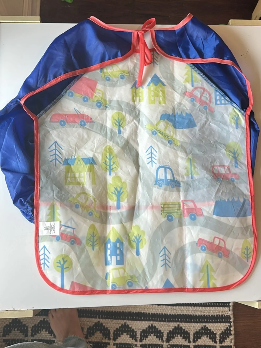 Children's Long-Sleeve Bib Smock - Blue Sleeves, Multi Vehicle Print